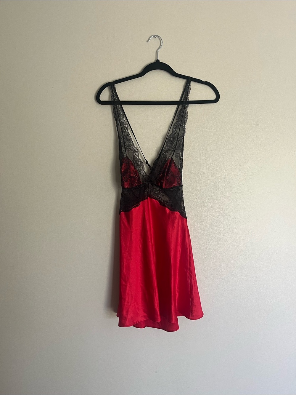 Victoria's Secret Red Satin Chemise with Black Lace Trim size large sexy